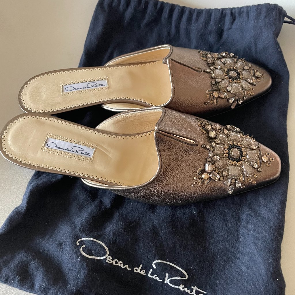"Nwt Oscar De La Renta 9.5 Jeweled Metallic Leather Mules 39.5 Gorgeous New"